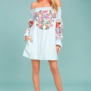 Free People Pale Blue Boho Embroidered Off Shoulder Neckline Mini Dress - XS